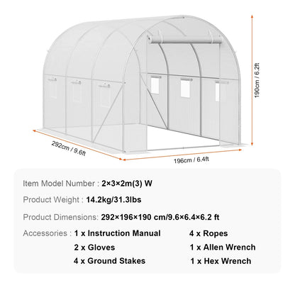 Walk-in Tunnelkas - Tuinkas - Tunnelserre - Grote - Stalen Frame - Weerbestendige - Plantenkas met Vensters - Voor Tuin - en Kleine Boerderij - 10x7x7ft - Wit