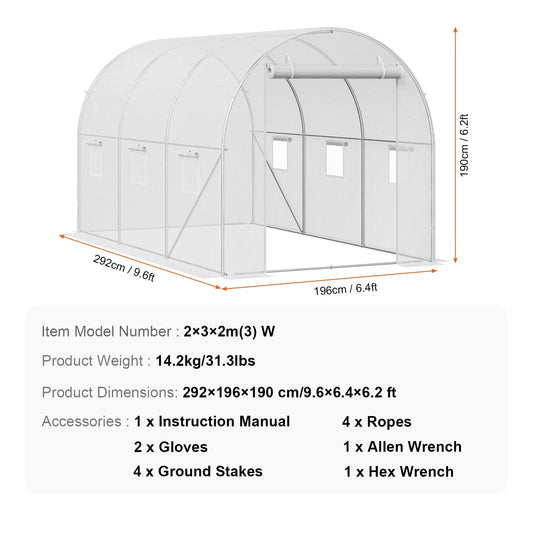 Walk-in Tunnelkas - Tuinkas - Tunnelserre - Grote - Stalen Frame - Weerbestendige - Plantenkas met Vensters - Voor Tuin - en Kleine Boerderij - 10x7x7ft - Wit