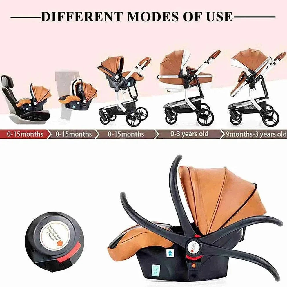 3 in 1 Baby Stroller with Leather Handle High Landscape Foldable Lightweight Pushchair Reclining Seat for Newborn to Toddler