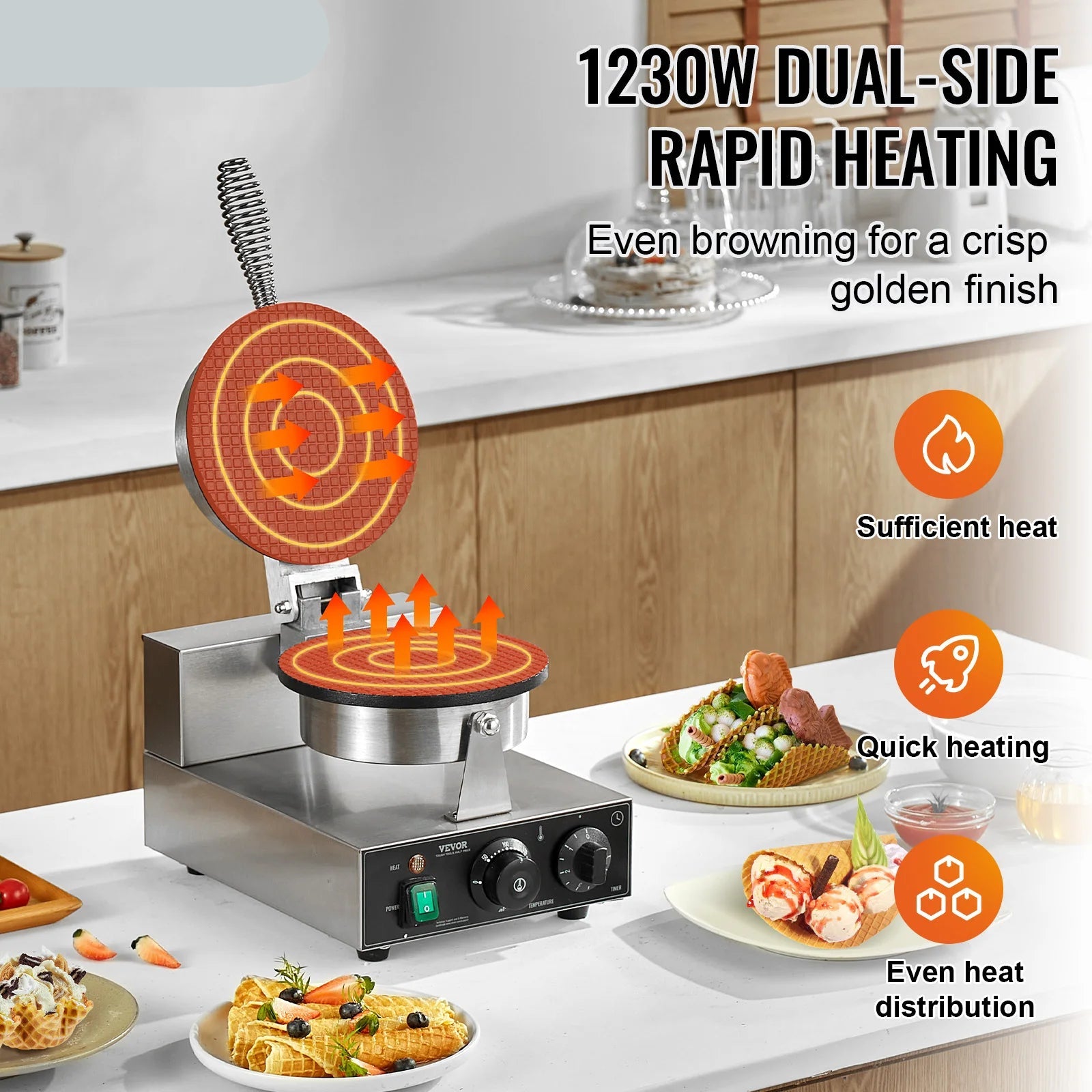 Wafelijzer - Wafelmaker - Ronde Wafelmaker - Wafelmix - Wafel Cone Maker   - Poffertjesmaker - Poffertjespan - Poffertjespan Inductie - 1230W Non-Stick RVS Wafelijzer met Instelbare Temperatuur en Timer - QUORE