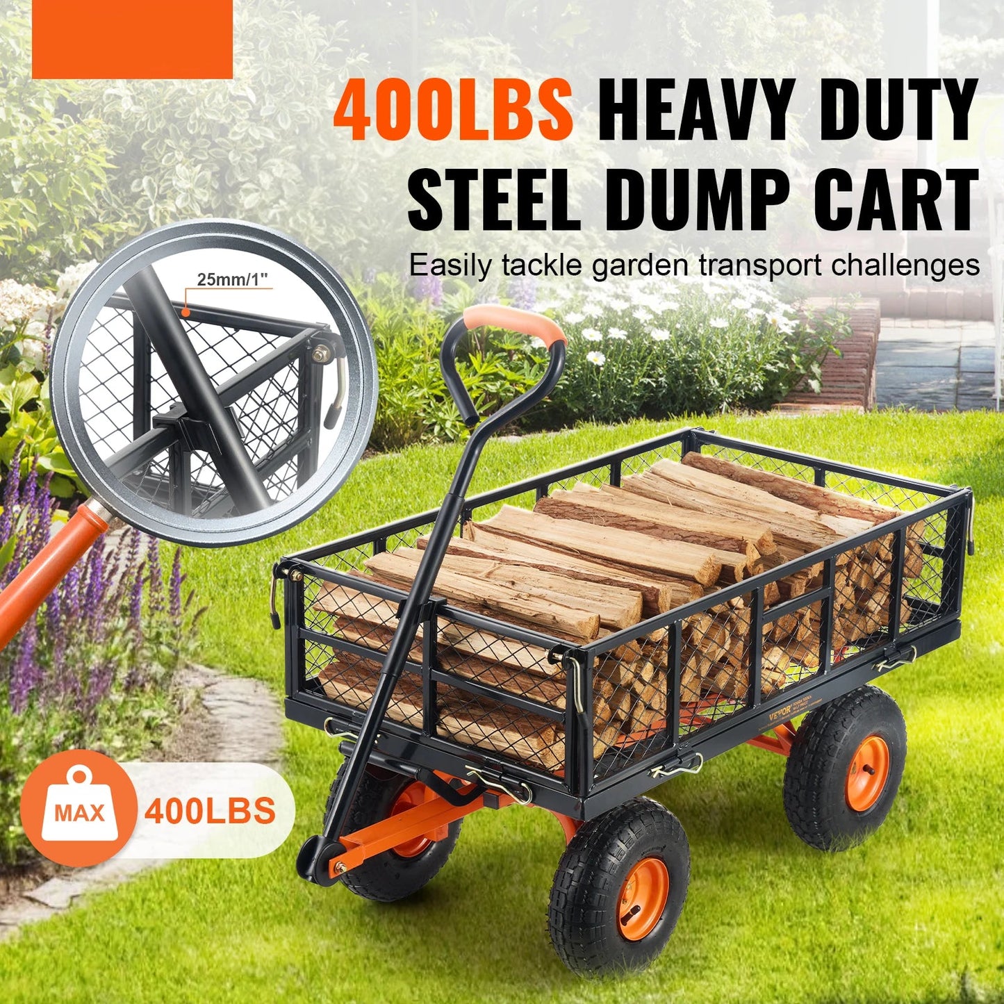 Tuinwagen - Relaxdays Bolderkar Luchtbanden - 400lbs - Transportkar Staal - Bolderwagen - Tuinkrukje - Duurzaam Metalen Frame - Zwart