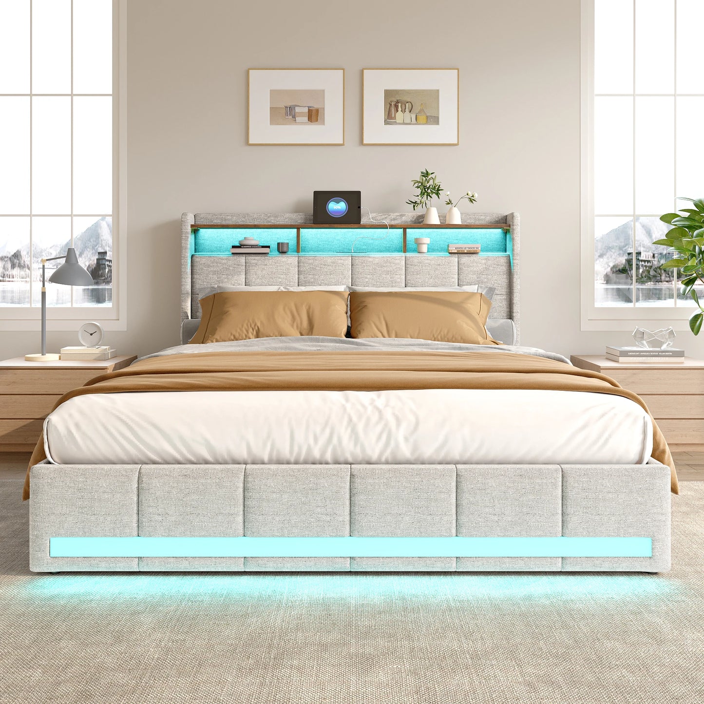 Anajqaqia 160×200 cm Upholstered Double Bed, with 4 Drawers Bed Frame, with USB Charging Station and LED Headboard, Linen, Beige
