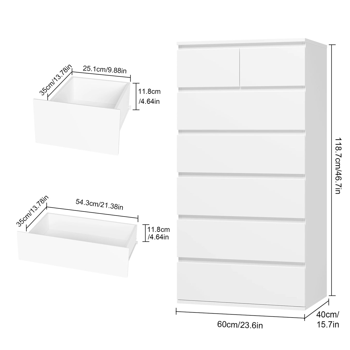 Getone Chest of Drawers Bedroom, Tall Chest of Drawers with 7 Drawers, Bedroom Furniture Storage Cupboard Cabinet  Bedroom Dresser, for Living Room Hallway 60x40x119cm - QUORE