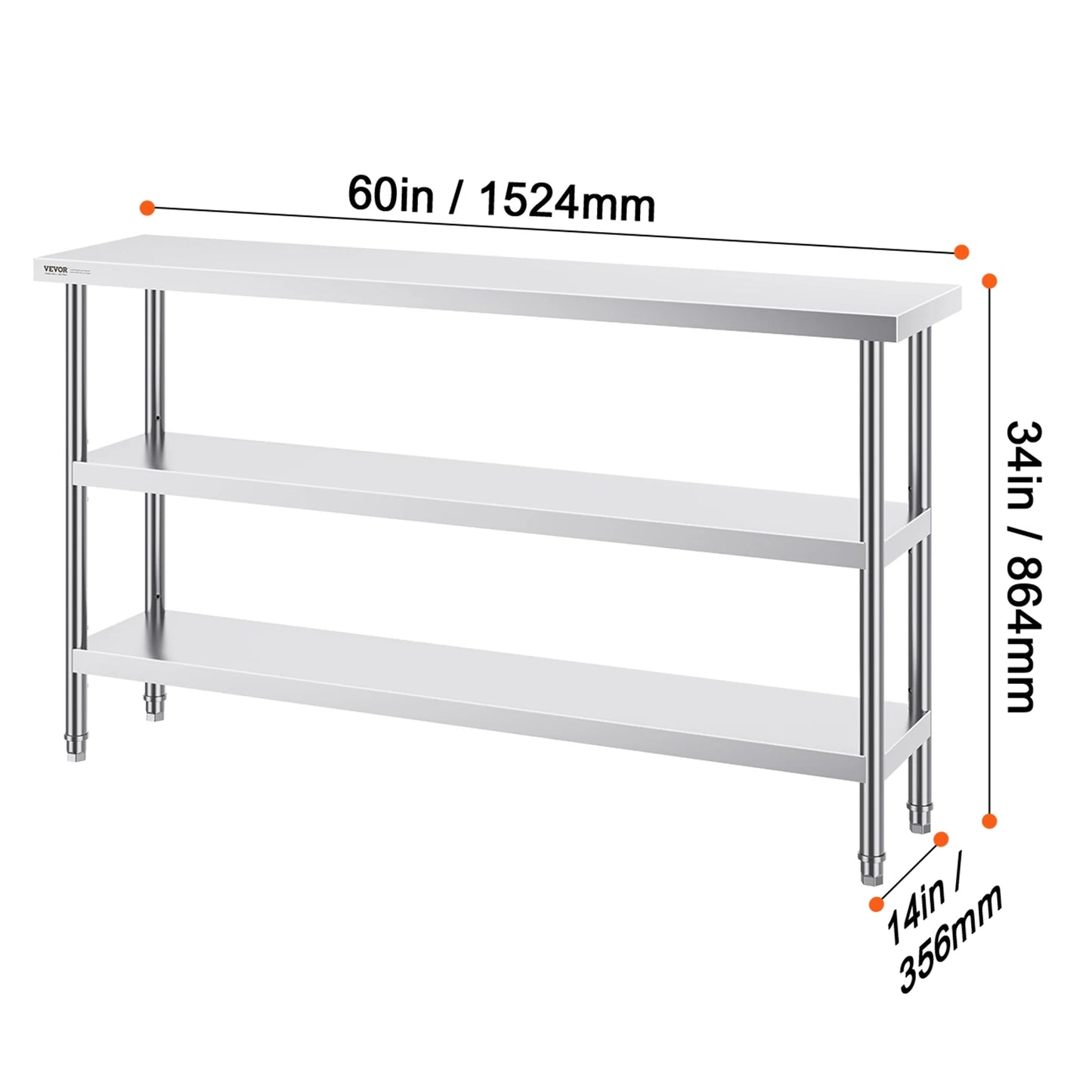 RVS Werktafel -  Keukeneiland - Kookeiland - Keukentafel - RVS Werktafel met Verstelbare Bovenplank - 14 x 60 in -  Roestvrijstalen Keukentafel met 2 Verstelbare Onderschappen - QUORE