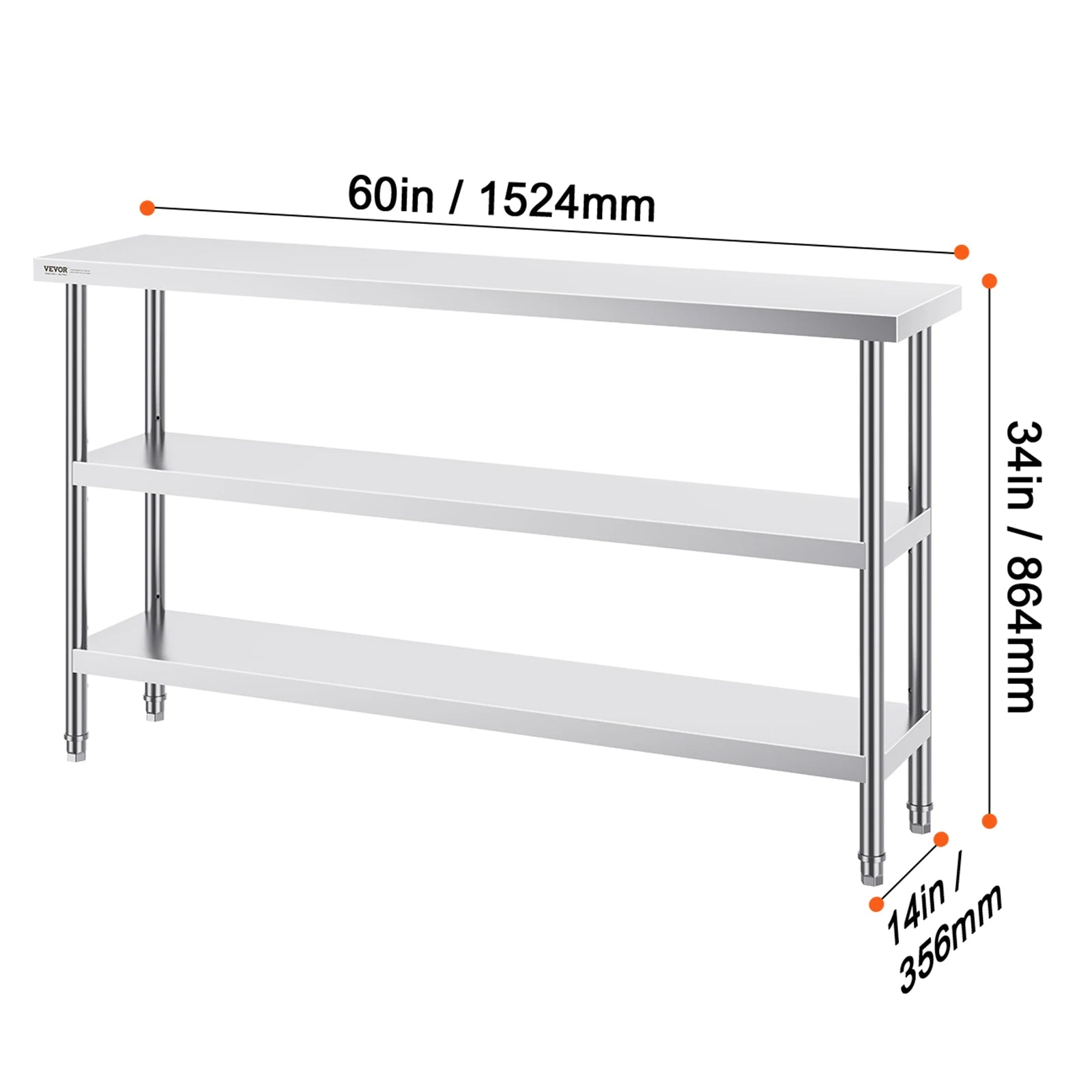 RVS Werktafel -  Keukeneiland - Kookeiland - Keukentafel - RVS Werktafel met Verstelbare Bovenplank - 14 x 60 in -  Roestvrijstalen Keukentafel met 2 Verstelbare Onderschappen - QUORE