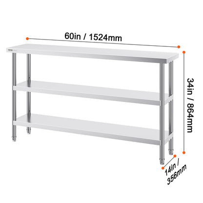 RVS Werktafel -  Keukeneiland - Kookeiland - Keukentafel - RVS Werktafel met Verstelbare Bovenplank - 14 x 60 in -  Roestvrijstalen Keukentafel met 2 Verstelbare Onderschappen - QUORE