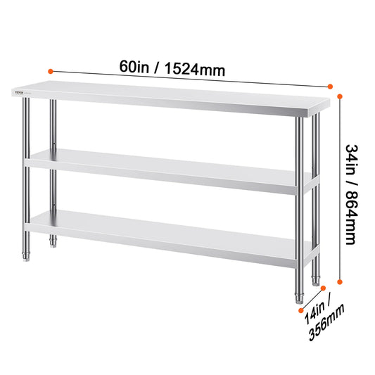 RVS Werktafel -  Keukeneiland - Kookeiland - Keukentafel - RVS Werktafel met Verstelbare Bovenplank - 14 x 60 in -  Roestvrijstalen Keukentafel met 2 Verstelbare Onderschappen - QUORE