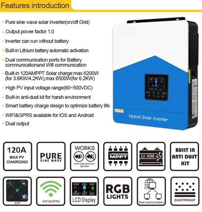 Hybride Zonne-omvormer – Solar Inverter – Energieomvormer – Off-grid Omvormer – Zonnepaneel Omvormer – 6.2KW Vermogen – Pure Sinusgolf Met WIFI