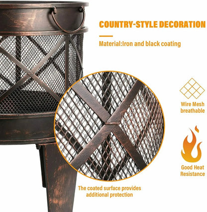 Garden Fire Pit 58X45cm Fire Basket with Spark Guard&Handles Garden Fireplace w/ Antique Rust Look Garden Fire Pit for Barbecue