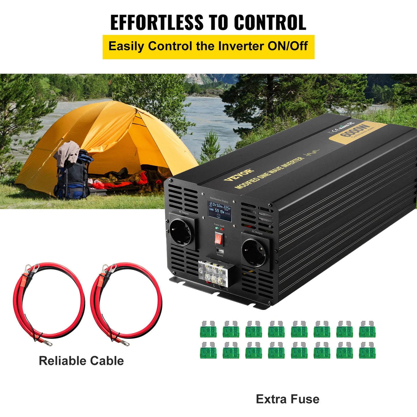 Omvormer – Stroomomvormer – Spanningsconverter – 12V Naar 120V – 6000W Continue Vermogen – Aluminium Behuizing