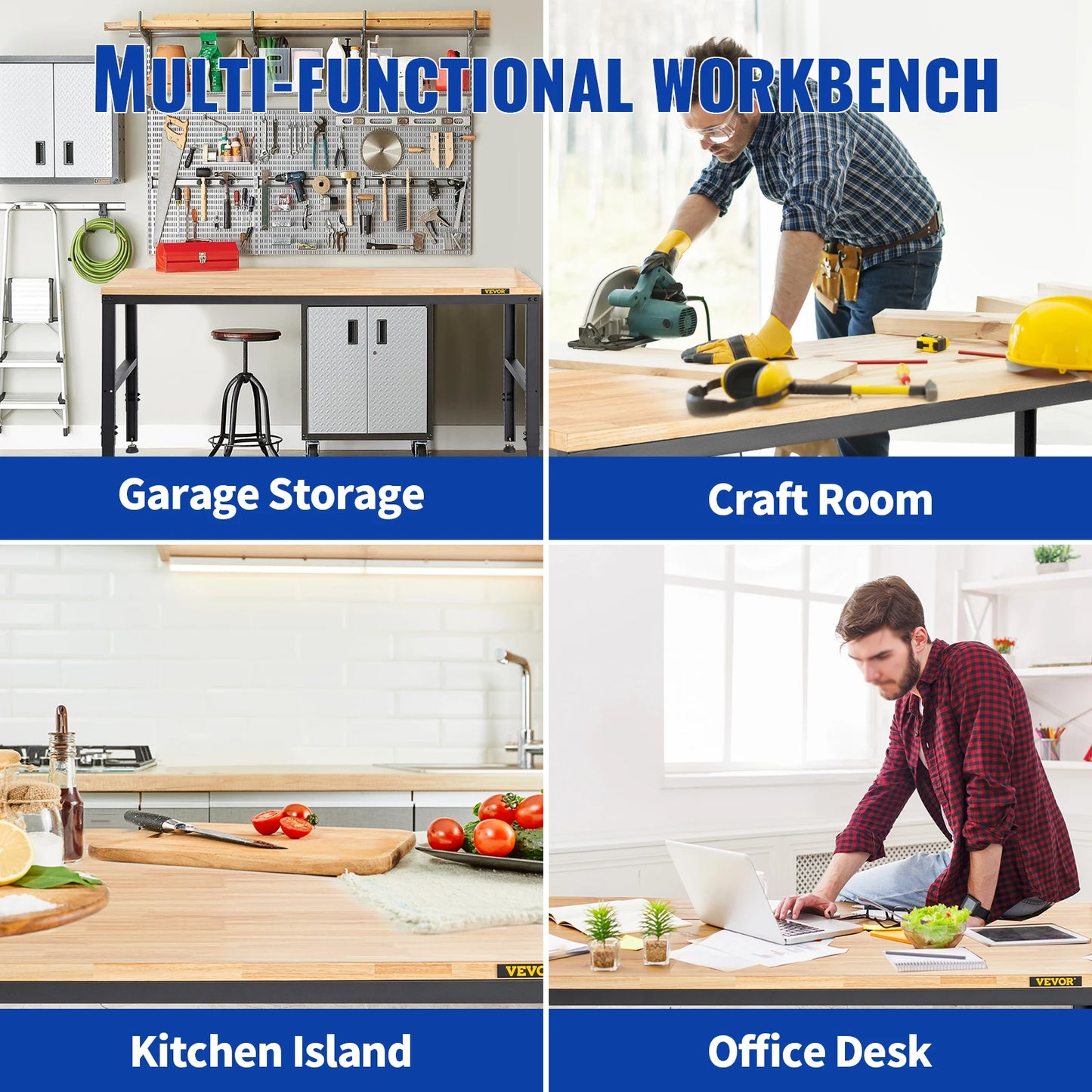Werkbank – Verstelbare Werktafel – Hobbybank – Klusbank – Massief Eikenhout – Stalen Frame – 900 Kg Belastbaar - 48x24inch met Wielen