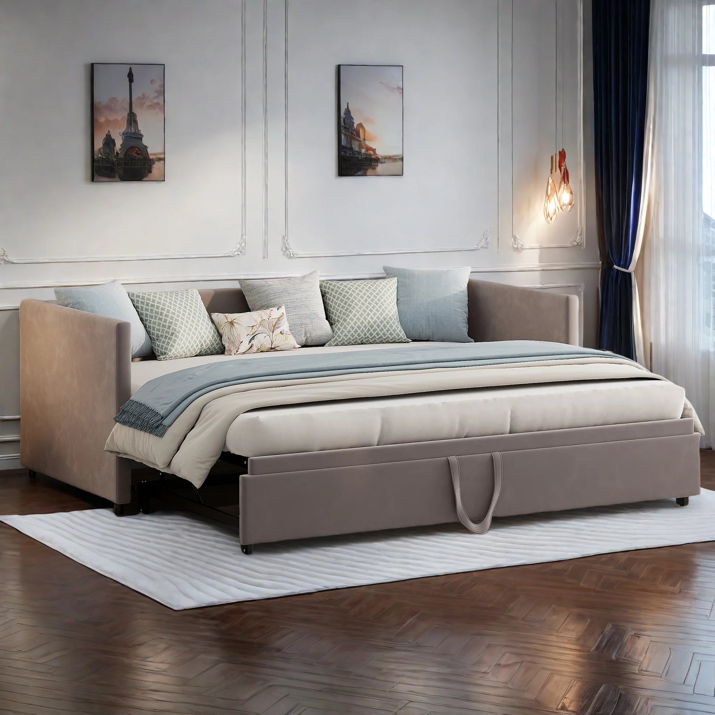 Bedbank 2-in-1 – Slaapbank – Schlafsofa – Uitklapbed – Velours Bankbed Beige – Verstelbaar Tweepersoonsbed – Ruimtebesparend Design