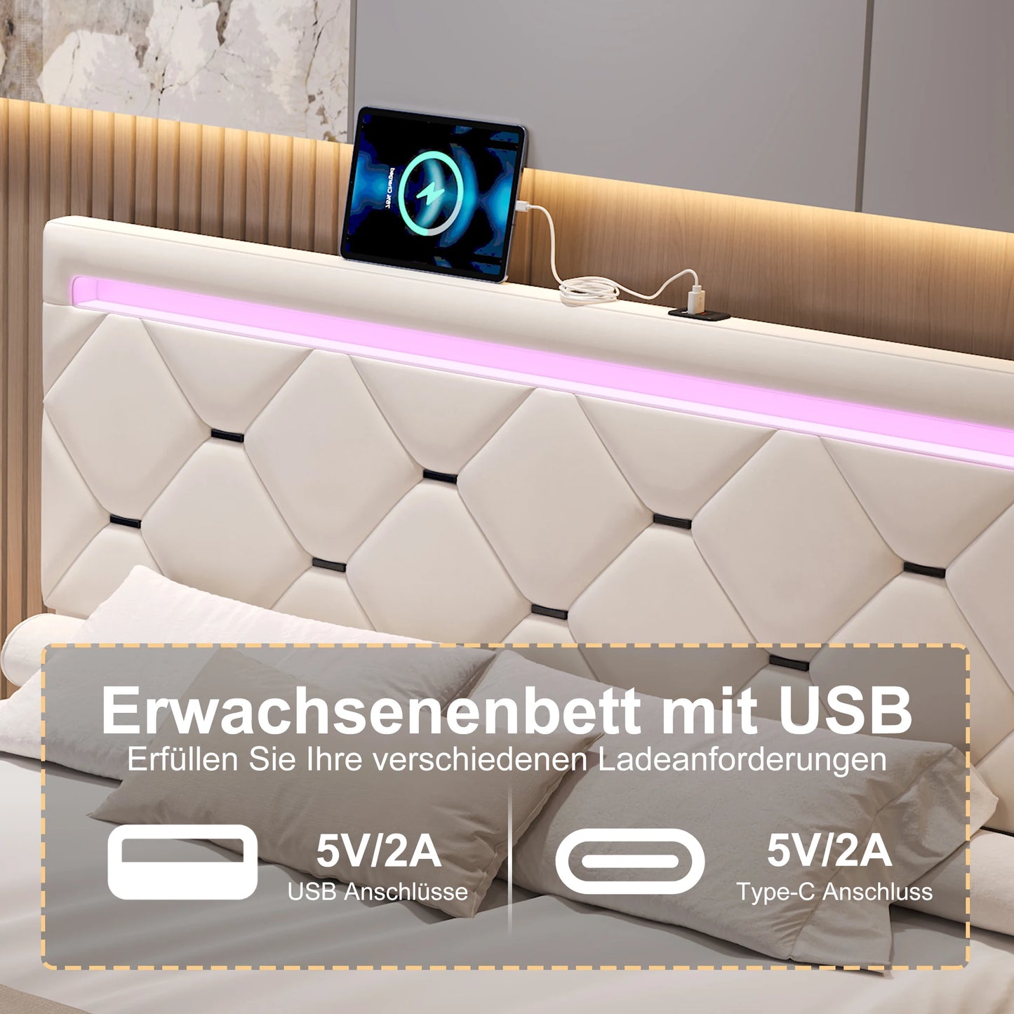 Tweepersoonsbed – Bed – Slaapbank – Opbergbed – Fluwelen Bed – 140x190 cm – Hydraulische Opbergruimte – Verstelbare LED-verlichting & USB-poorten