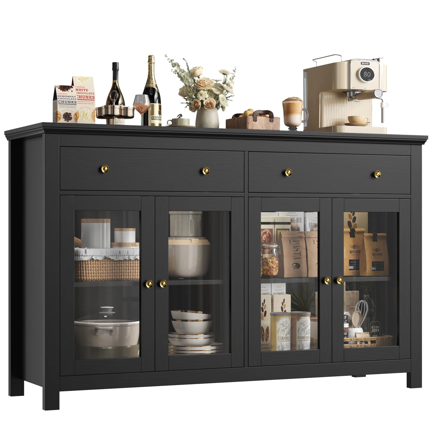 Sideboard – Dressoir – Buffetkast – Opbergkast – Keukenkast – Zwart – 140x90,7x40 cm – Verstelbare Planken – Glazen Deuren