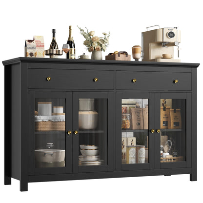 Sideboard – Dressoir – Buffetkast – Opbergkast – Keukenkast – Zwart – 140x90,7x40 cm – Verstelbare Planken – Glazen Deuren