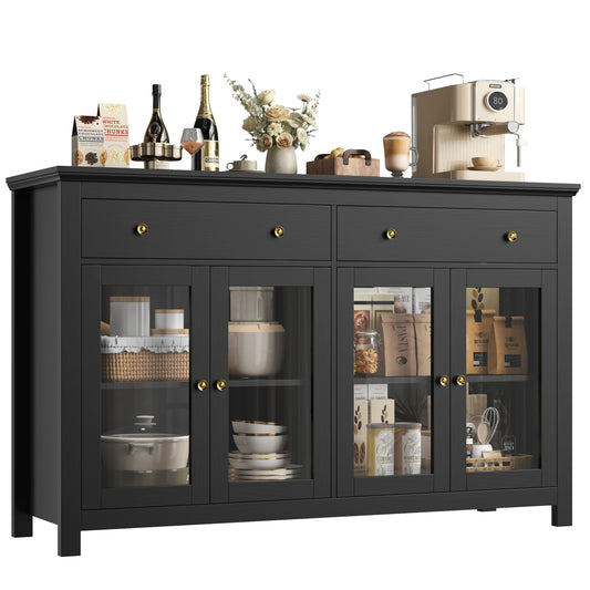 Sideboard – Dressoir – Buffetkast – Opbergkast – Keukenkast – Zwart – 140x90,7x40 cm – Verstelbare Planken – Glazen Deuren