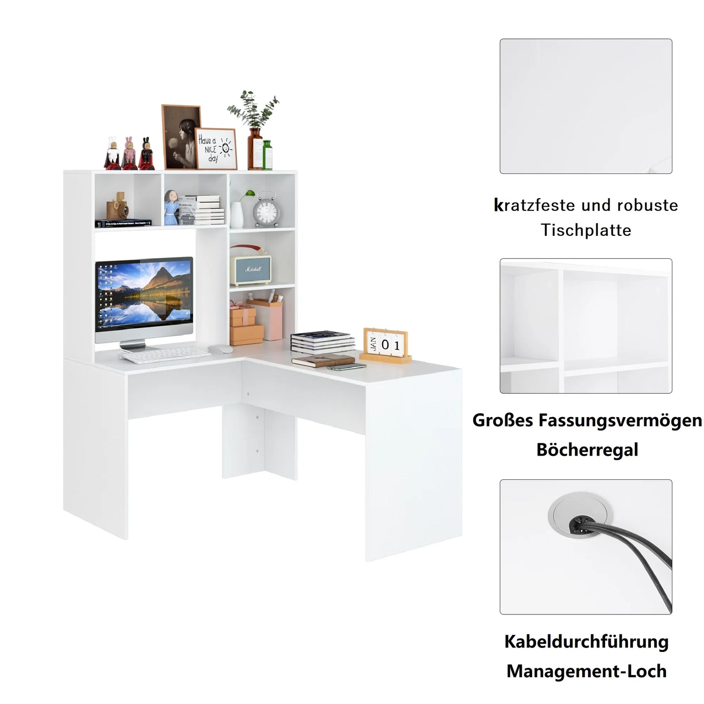 Hoekbureau - Bureau - Game Bureau - L-vormig Computertafel - 124.7 x 107.8 x 152.5 cm - Kantoor- en Studiemeubilair - Desk - Wit - QUORE