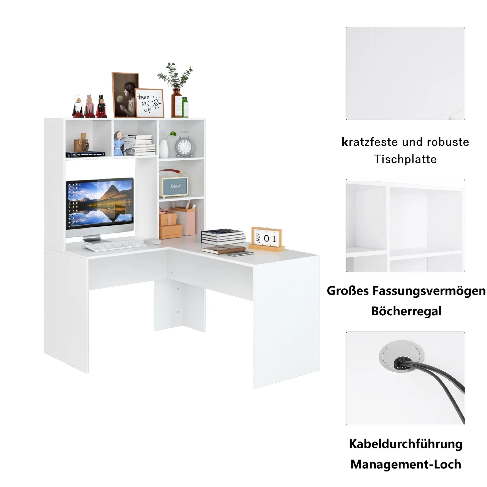 Hoekbureau - Bureau - Game Bureau - L-vormig Computertafel - 124.7 x 107.8 x 152.5 cm - Kantoor- en Studiemeubilair - Desk - Wit - QUORE