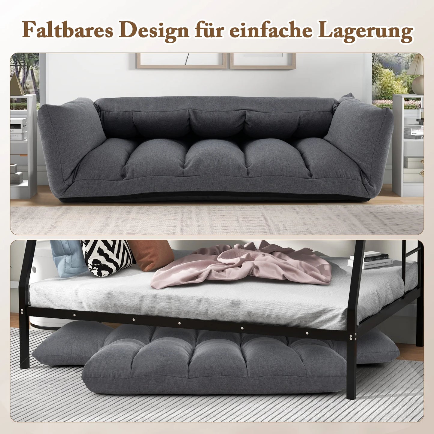 Opvouwbare Lounge Sofa – Verstelbare Rugleuning & Armleuningen – Grijze Vloerstoel met 5 Posities – Comfortabele Speelkamer / Gaming / Slaapbank – Geen Montage Nodig