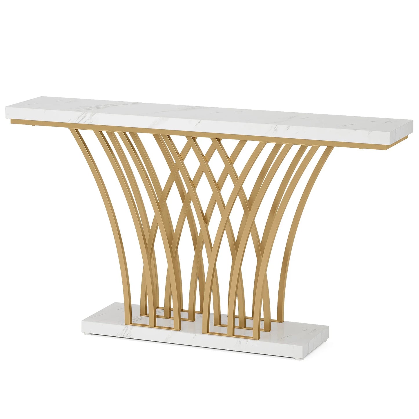 Consoletafel - Wandtafel - Haltafel - Sidetafel - Moderne Stijl - met Rastervormige Metalen Voet - Stevig Metalen Frame - voor Entree - Hal - Woonkamer - Staal - 30 x 150 x 80 cm - Wit & Goud - QUORE