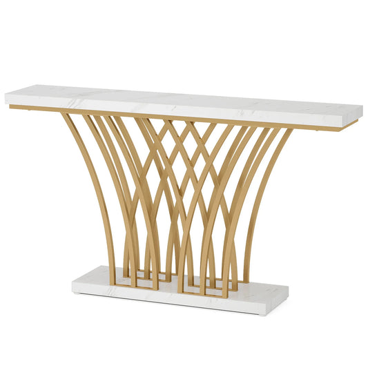 Consoletafel - Wandtafel - Haltafel - Sidetafel - Moderne Stijl - met Rastervormige Metalen Voet - Stevig Metalen Frame - voor Entree - Hal - Woonkamer - Staal - 30 x 150 x 80 cm - Wit & Goud - QUORE