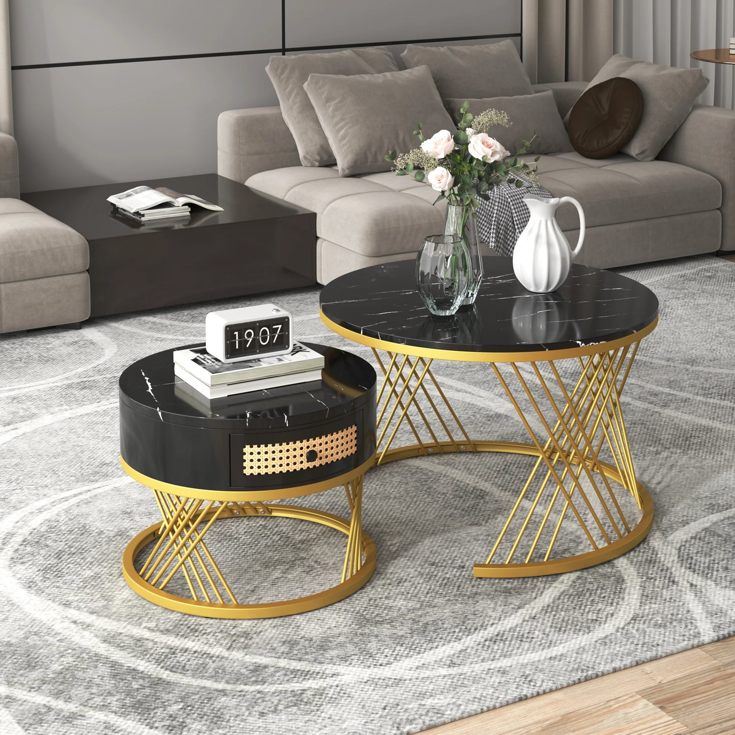 Salontafel – Bijzettafel – Opbergtafel – Woonkamertafel – Compact – Marmerlook Blad – Opberglade - Wit
