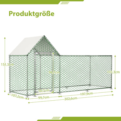 Dierenren – Konijnenren – Kippenren – Puppyren – Klein Dierenren – 3x1x1,5m – Roestvrij Stalen Frame – Waterdichte UV-bestendige PE Kap