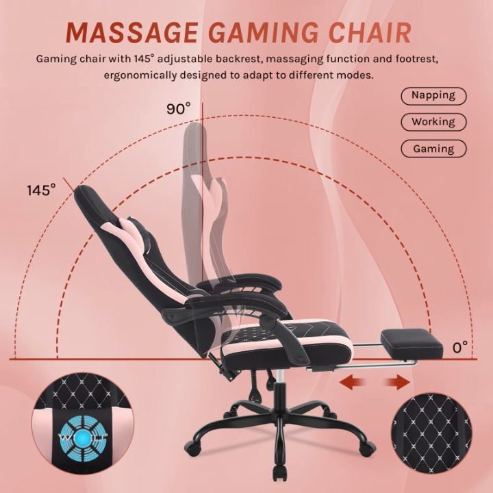 Gaming Stoel - Massage Gaming Stoel - Bureaustoel - Swivel Stoel - met Voetsteun - Hoofdsteun - Verstelbare - Rugleuning - Lendenkussen - Ergonomische - Draaibare - 70 x 70 x 127 cm - Zwart & Roze