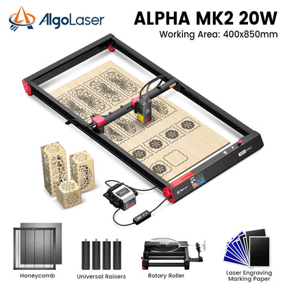 40x40CM/40X85CM 20W AlgoLaser Alpha MK2 with Air Pump/Rotary Chuck/Honeycomb Working Table/Raiser/10 pcs Marking Paper Optional