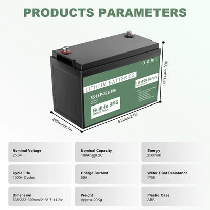 LiFePO4 Accu – Oplaadbare Batterij – Elektrische Accu – Zonnepaneel Accu – Camper Accu – 100Ah Capaciteit – IP56 Waterbestendig - 25.6V 100AH 2560WH