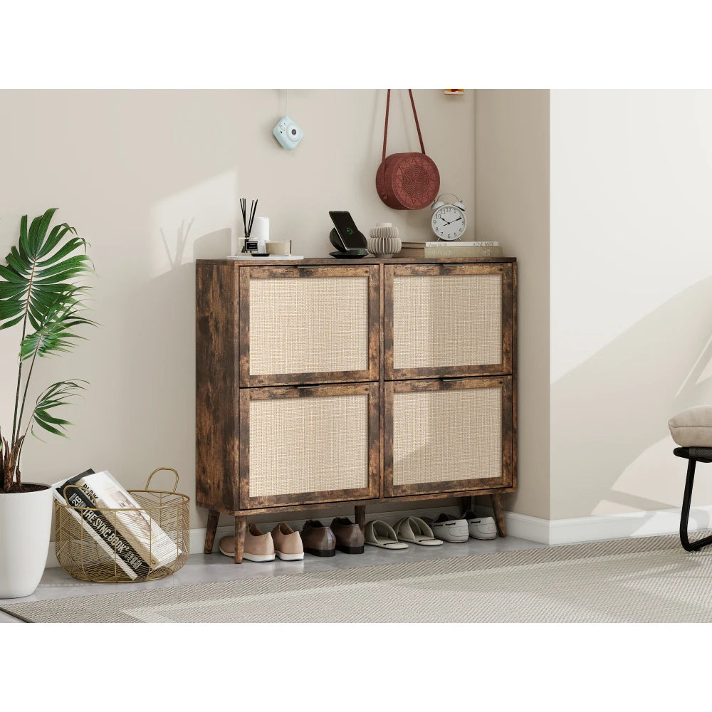 Schoenenrek – Vierdeurs Schoenenkast – Schoenenopberger – Schoenenmeubel – Ruimte Voor 16 Paar Schoenen – Engineered Rattan Afwerking - 105 x 24 x 91 cm