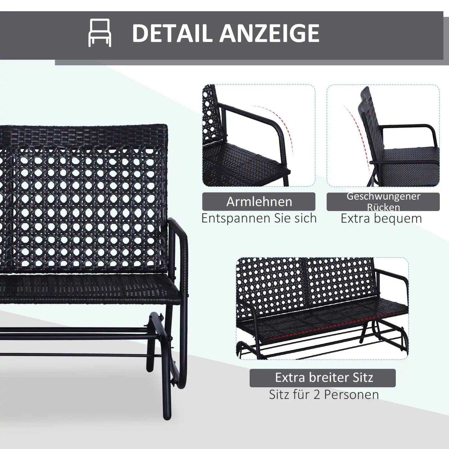 2-Persoons Schommelbank – Tuinbank – Schommelstoel – Buitenbank – Zithoek – Poly-Rattan – Ergonomische Rugleuning - QUORE