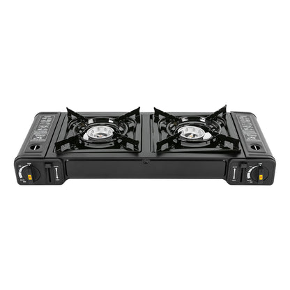 Tafel BBQ Gas – Camping Kooktoestel 2 Pitten – Draagbare Gasbrander met Draagkoffer – Verwijderbare Bakplaat – 64x28cm – Zwart