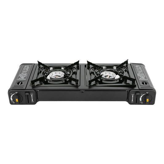Tafel BBQ Gas – Camping Kooktoestel 2 Pitten – Draagbare Gasbrander met Draagkoffer – Verwijderbare Bakplaat – 64x28cm – Zwart