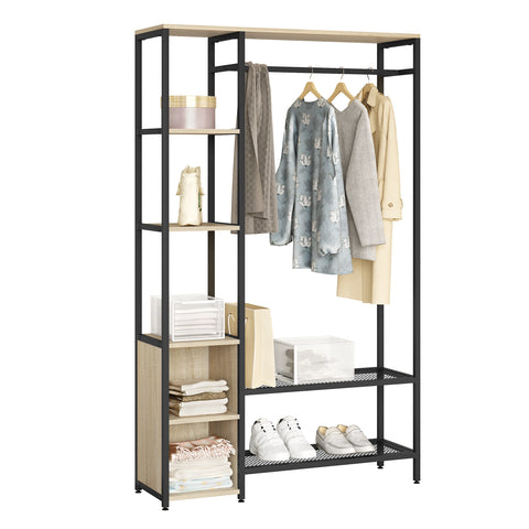 Kapstok met Kledingrail – 3 Planken – 2 Schoenenrekken – 2 Compartimenten – Stevige Jasstandaard – Opslag voor Hal & Garderobe – 100x165x30 cm – Zwart & Lichte Eiken