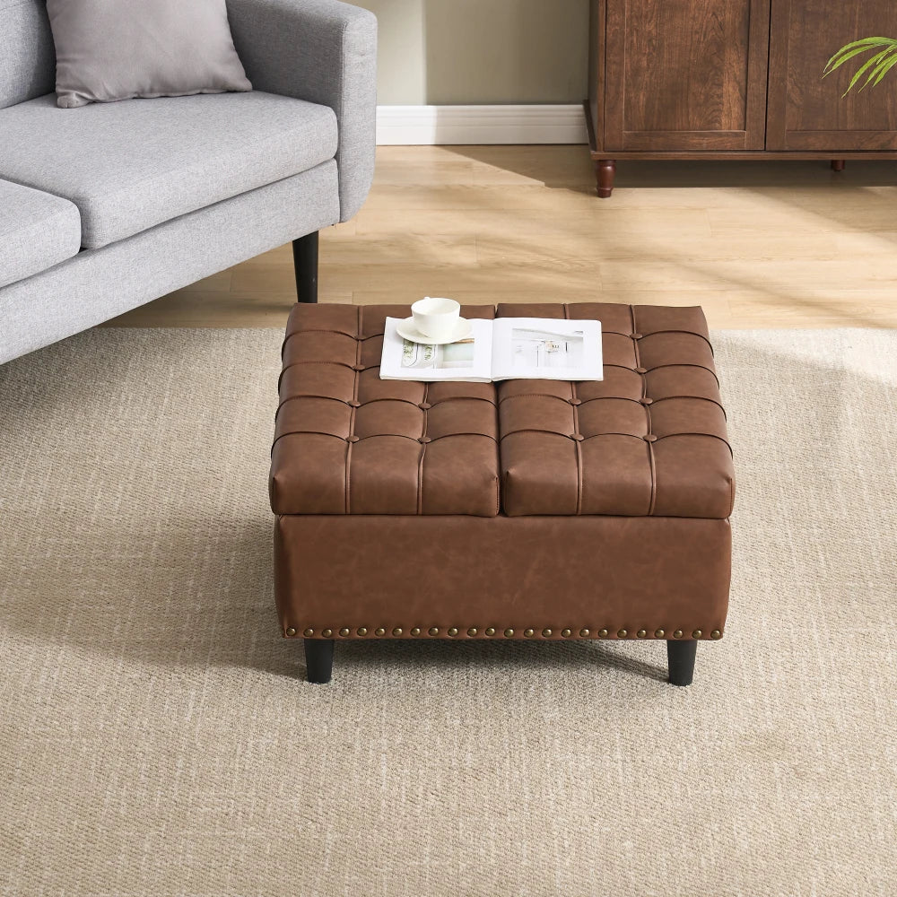 Opbergpoef – Opbergbank – Zitkist – Opbergbox – Hocker – Stevig Massief Houten Frame – Zachte PU-Leren Bekleding – Groot Vierkant – 75x75x41 cm
