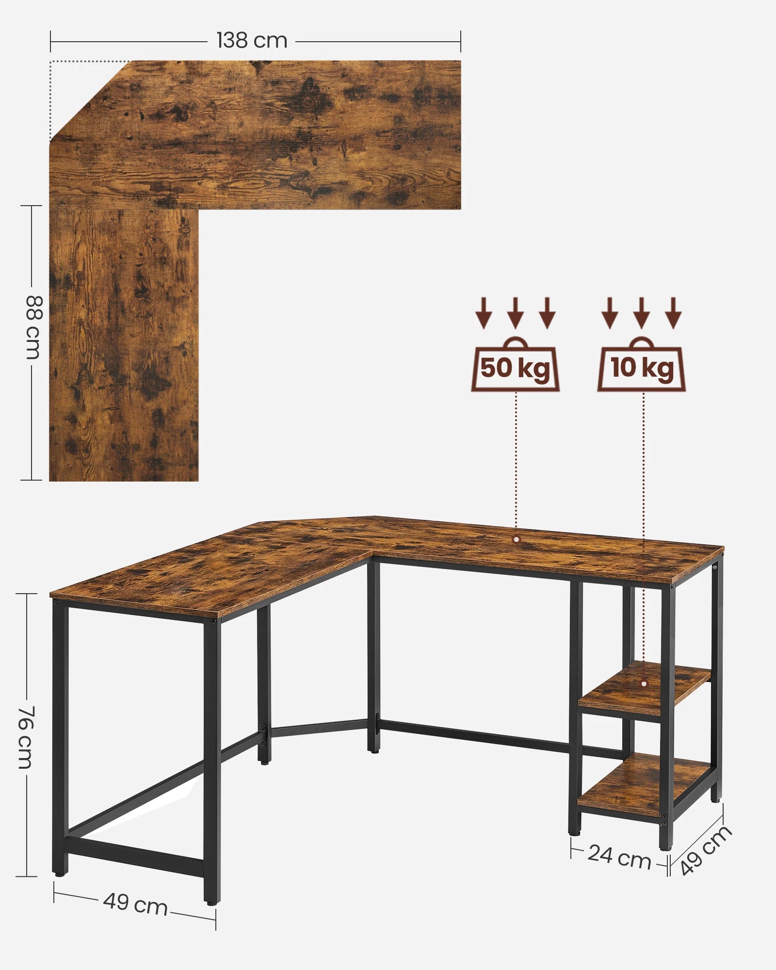 Computer Bureau - L-Vorm - Hoekbureau - Gaming Tafel - Computer Tafel - 138x138x76cm - Stabiel Bureau - Verstelbare Poten - 2 Open Planken - Broen - QUORE