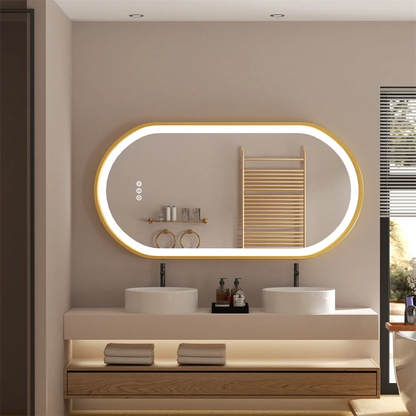 Badkamer Spiegel - Ovalen LED - Wandspiegel - Gouden Aluminium Frame - met Demister Pad - 3 Lichteffecten - 80x50CM