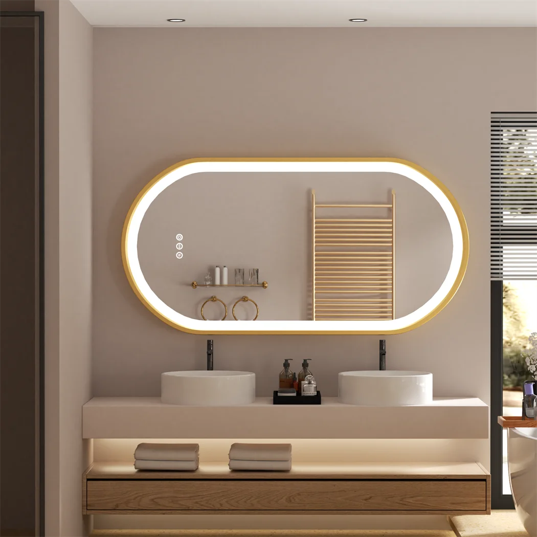 Badkamer Spiegel - Ovalen LED - Wandspiegel - Gouden Aluminium Frame - met Demister Pad - 3 Lichteffecten - 120X60cm