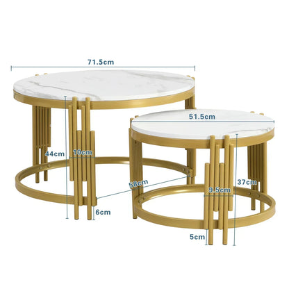 Salontafel – Koffietafel – Bijzettafel – Woonkamertafel – Ronde Tafel – 2-in-1 Set – Marmerlook MDF Blad – Goud Metalen Frame