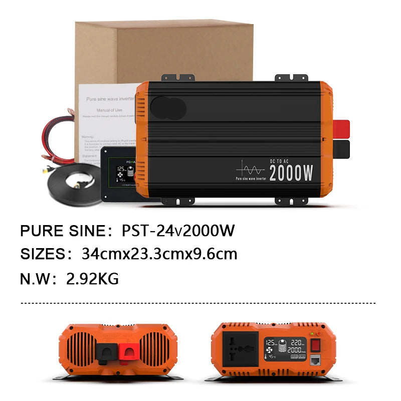 Pure Sine Wave Omvormer – Zuivere Sinusgolf Converter – DC Naar AC Omvormer – 12V 24V 48V – 2000W Continu Vermogen – LCD Bedieningspaneel