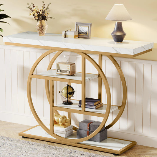 Console Tafel – Haltafel – Sofa Tafel – Entree Tafel – Houten Tafel – Krasbestendig Marmerlook – Verstelbare Pootjes - QUORE