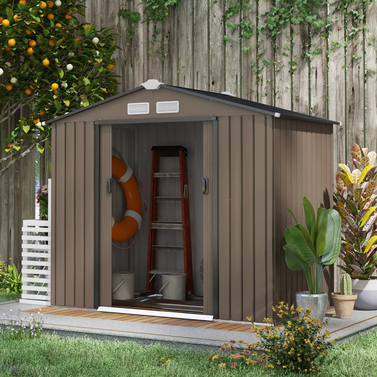 Tuinschuur – Berging – Tuinhuis – Opslagschuur – Stalen Schuur – Weerbestendig Gegalvaniseerd Staal – Dubbele Schuifdeuren - 213 x 130 x 185 cm - Bruin