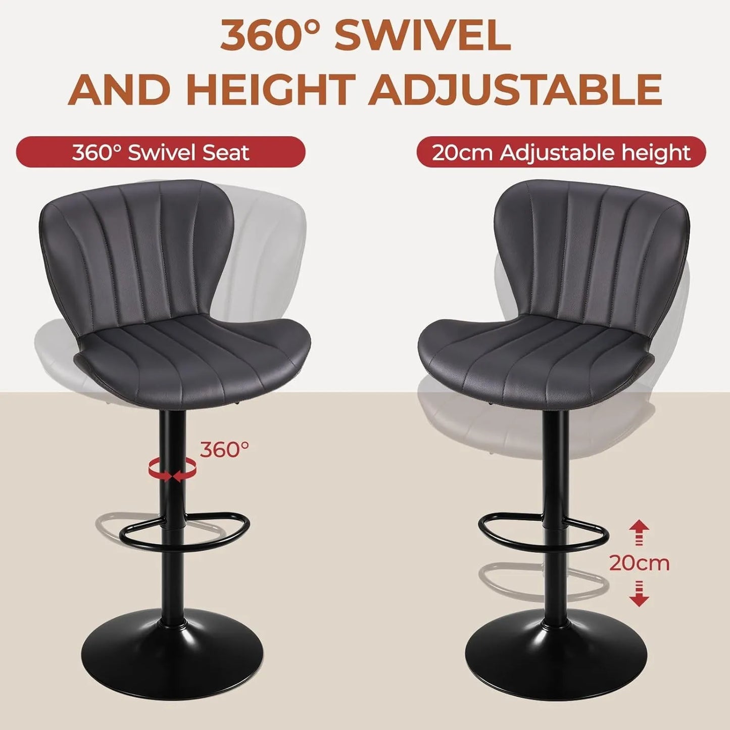 Barstoelen – Barkrukken – Keukenstoelen – Hoge Stoelen – Barstoelen Set 2 Stuks – Verstelbare Zithoogte – 360° Draaibaar – PU Leer – Roestvrij Stalen Frame - Grijs
