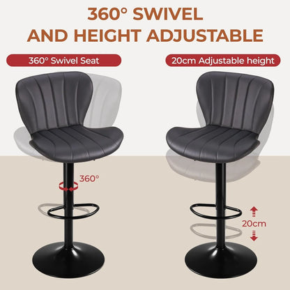 Barstoelen – Barkrukken – Keukenstoelen – Hoge Stoelen – Barstoelen Set 2 Stuks – Verstelbare Zithoogte – 360° Draaibaar – PU Leer – Roestvrij Stalen Frame - Grijs
