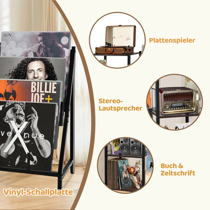 Vinylrek – Vinylplank – Platenkast – Opbergkast – Boekenkast – Duurzaam Waterbestendig Hout – Robuust Metalen Frame - 84 x 30 x 75.5 cm - Zwart