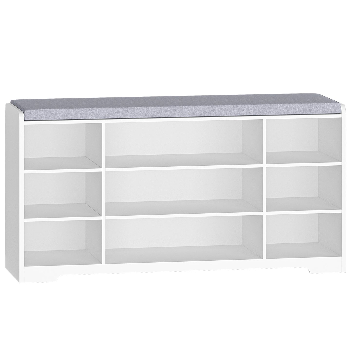 Schoenenbank - met Zitvlak en Opbergkussen - Schoenenrek met 9 Vakken - Verstelbare Planken - Minimalistisch Design - Opbergbank voor Woonkamer - Wit/Grijs - 30 x 103 x 52,7 cm - QUORE