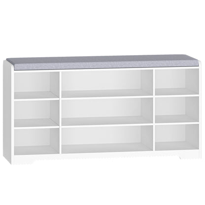 Schoenenbank - met Zitvlak en Opbergkussen - Schoenenrek met 9 Vakken - Verstelbare Planken - Minimalistisch Design - Opbergbank voor Woonkamer - Wit/Grijs - 30 x 103 x 52,7 cm - QUORE