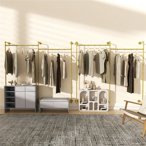 Kledingrek - Kledingroede - Kledingrek metaal - Wandgemonteerd - Industrieel Pijp Kledingrek - 205x190cm/ 80.7x74.8 inch - Goud