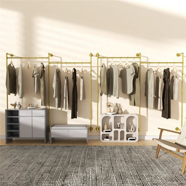 Kledingrek - Kledingroede - Kledingrek metaal - Wandgemonteerd - Industrieel Pijp Kledingrek - 205x190cm/ 80.7x74.8 inch - Goud